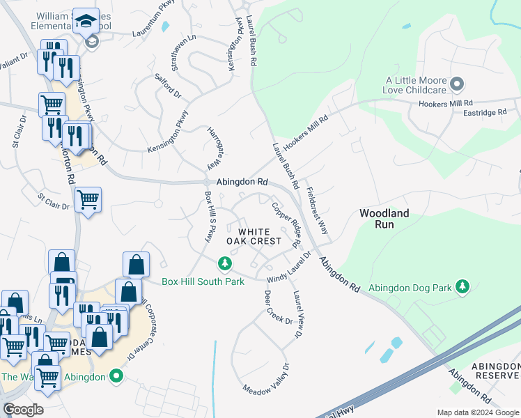 map of restaurants, bars, coffee shops, grocery stores, and more near 3216 Pine Crest Court in Abingdon