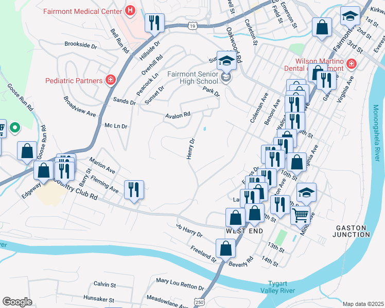 map of restaurants, bars, coffee shops, grocery stores, and more near 914 Henry Drive in Fairmont