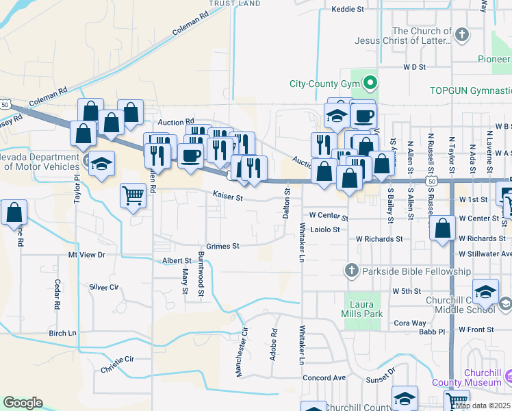 map of restaurants, bars, coffee shops, grocery stores, and more near 1467 Kaiser Street in Fallon