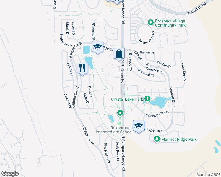 map of restaurants, bars, coffee shops, grocery stores, and more near 7677 Rampart Way in Littleton