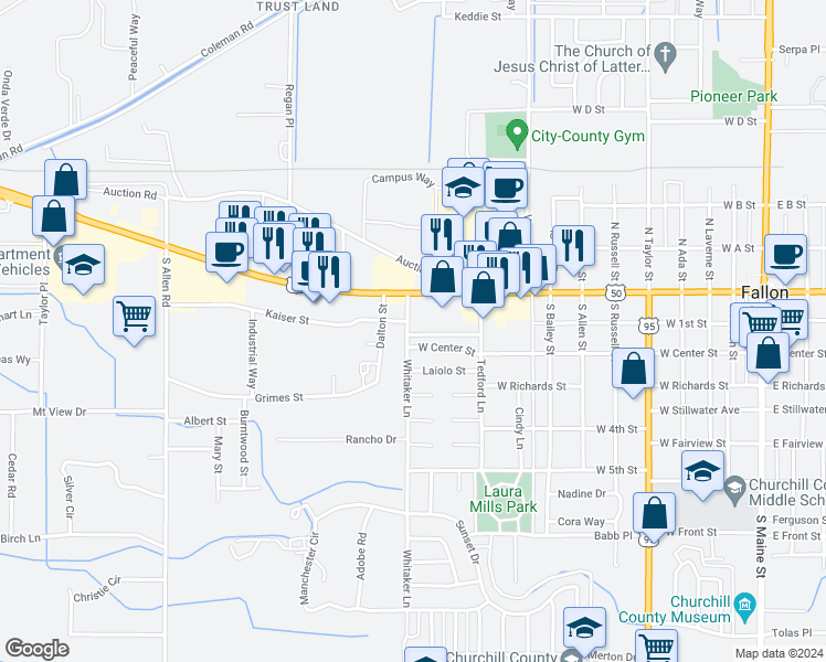 map of restaurants, bars, coffee shops, grocery stores, and more near 69 Whitaker Lane in Fallon