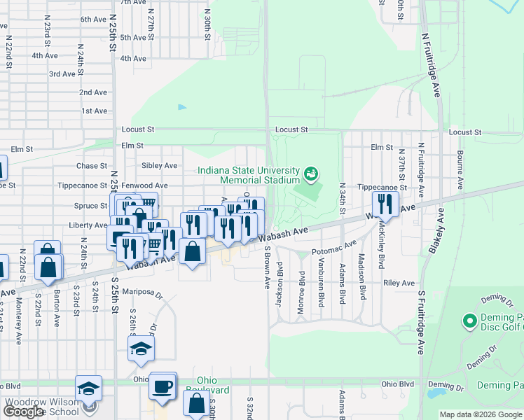 map of restaurants, bars, coffee shops, grocery stores, and more near 105 Oakland Avenue in Terre Haute