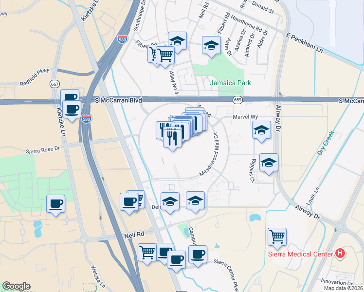 map of restaurants, bars, coffee shops, grocery stores, and more near 5200 Meadowood Mall Circle in Reno
