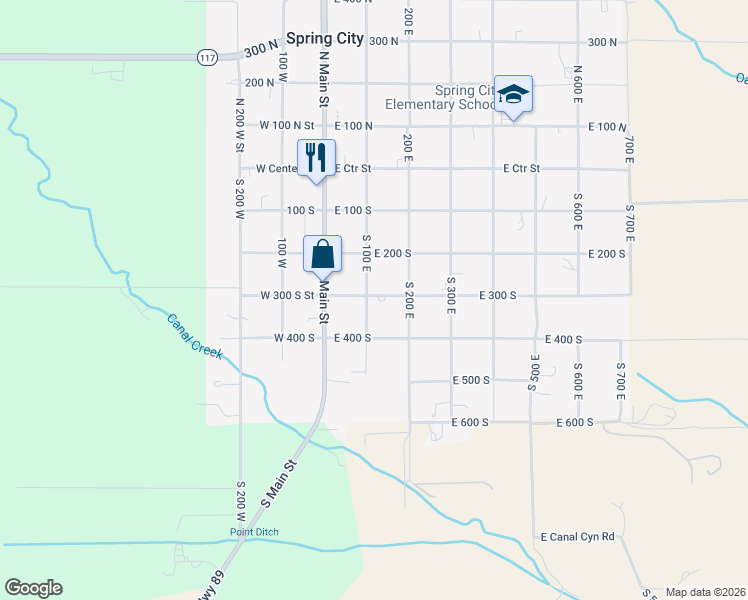 map of restaurants, bars, coffee shops, grocery stores, and more near 100 East 300 South in Spring City