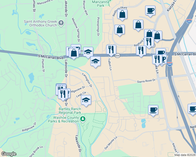 map of restaurants, bars, coffee shops, grocery stores, and more near 6102 Triple Crown Dr in Reno