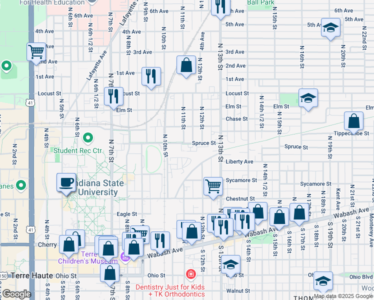 map of restaurants, bars, coffee shops, grocery stores, and more near 1101 Spruce Street in Terre Haute