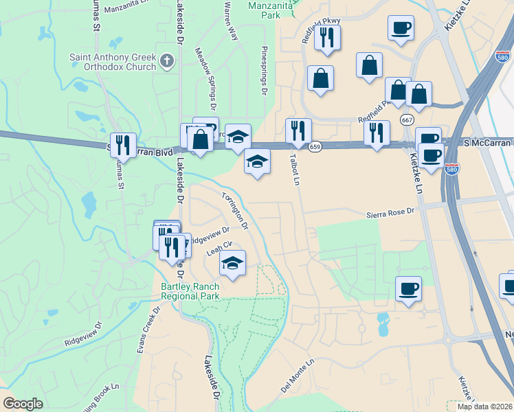 map of restaurants, bars, coffee shops, grocery stores, and more near 723 W Pleasant Oak Trail in Reno
