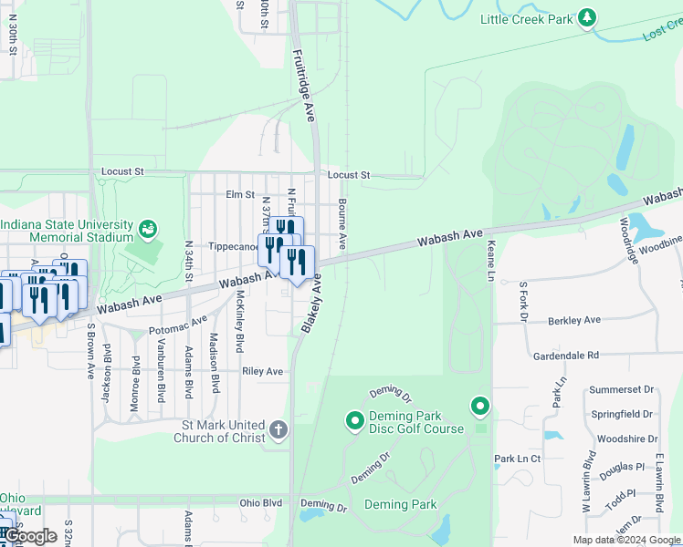 map of restaurants, bars, coffee shops, grocery stores, and more near 4047 Wabash Avenue in Terre Haute