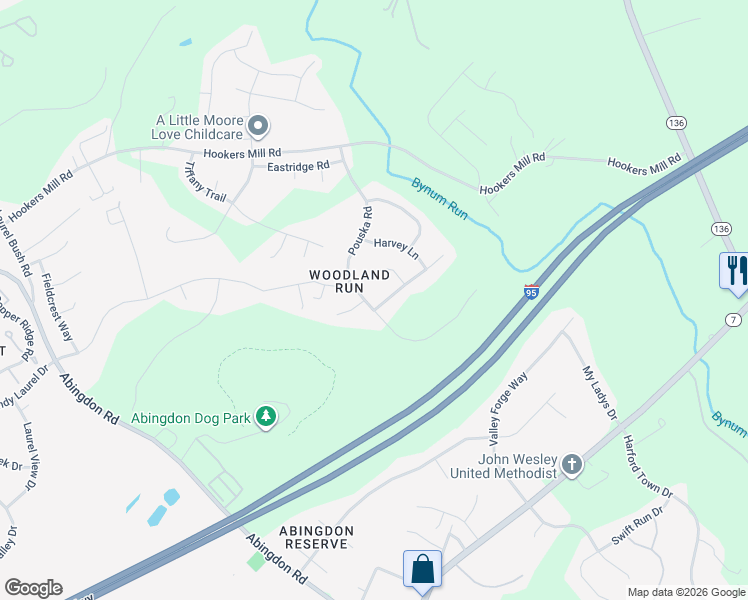 map of restaurants, bars, coffee shops, grocery stores, and more near 3208 Pouska Road in Abingdon