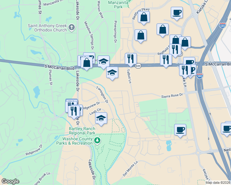 map of restaurants, bars, coffee shops, grocery stores, and more near 6102 Triple Crown Dr in Reno