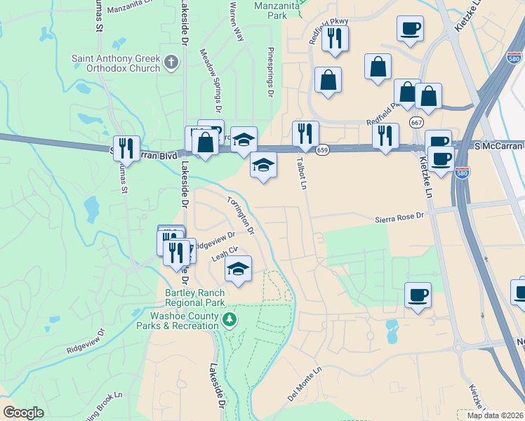 map of restaurants, bars, coffee shops, grocery stores, and more near 723 W Pleasant Oak Trail in Reno