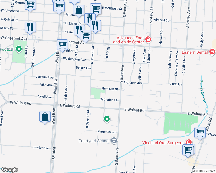 map of restaurants, bars, coffee shops, grocery stores, and more near in Vineland