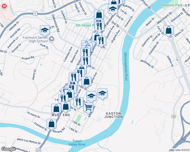 map of restaurants, bars, coffee shops, grocery stores, and more near 800-898 Virginia Ave in Fairmont