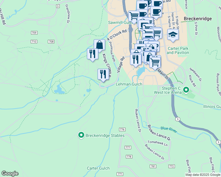 map of restaurants, bars, coffee shops, grocery stores, and more near 620 Village Road in Breckenridge