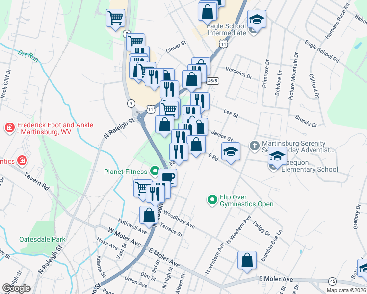 map of restaurants, bars, coffee shops, grocery stores, and more near Eagle School Road in Martinsburg