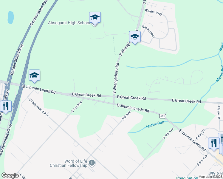 map of restaurants, bars, coffee shops, grocery stores, and more near 127 East Great Creek Road in Galloway