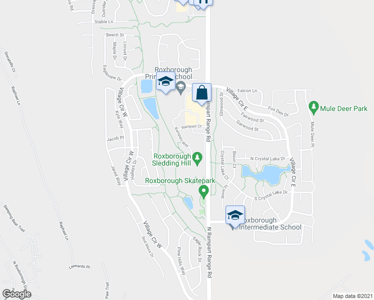 map of restaurants, bars, coffee shops, grocery stores, and more near 7677 Rampart Way in Littleton