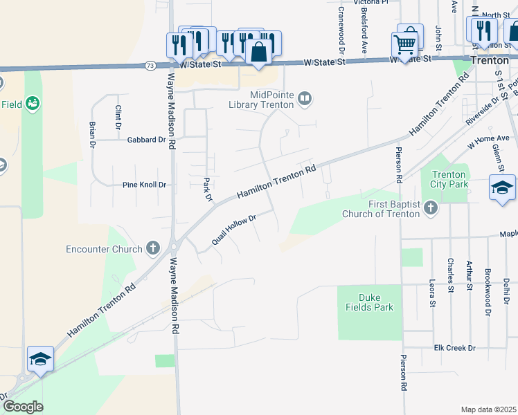 map of restaurants, bars, coffee shops, grocery stores, and more near 5559 Hamilton Trenton Road in Trenton