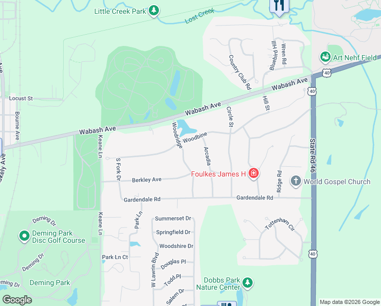 map of restaurants, bars, coffee shops, grocery stores, and more near 108 Woodridge in Terre Haute