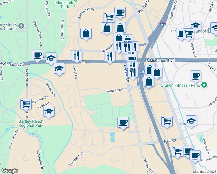 map of restaurants, bars, coffee shops, grocery stores, and more near 601 Sierra Rose Drive in Reno
