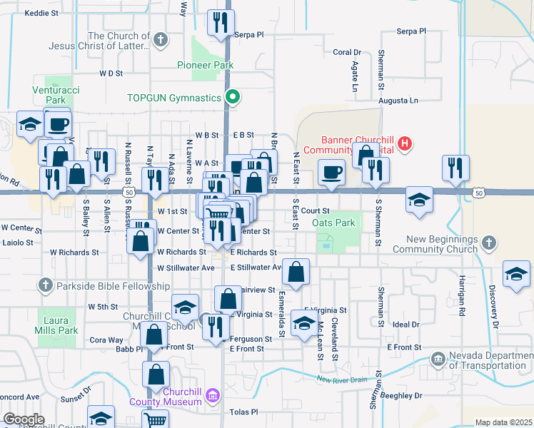 map of restaurants, bars, coffee shops, grocery stores, and more near 120 South Broadway Street in Fallon