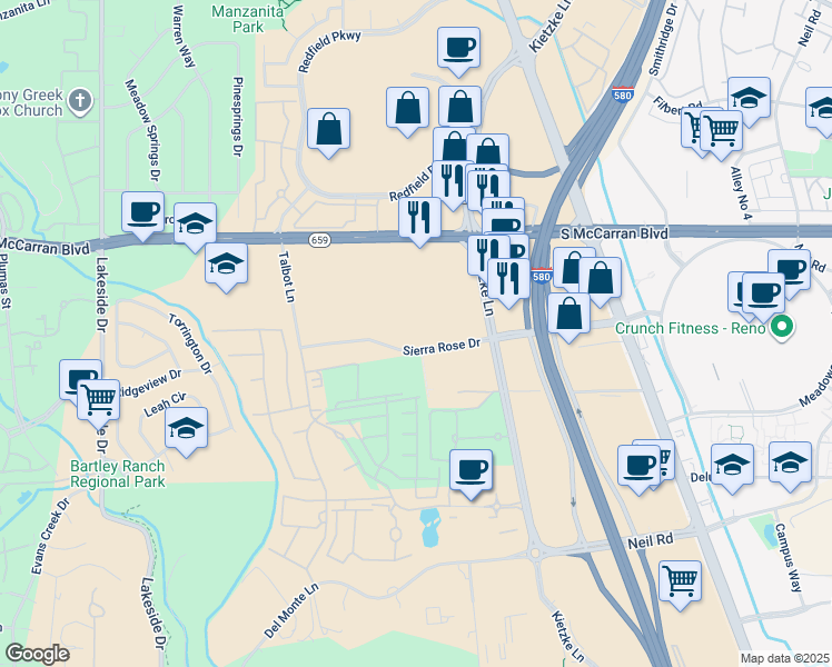 map of restaurants, bars, coffee shops, grocery stores, and more near 601 Sierra Rose Drive in Reno
