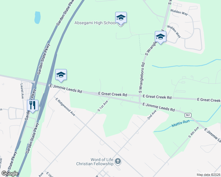map of restaurants, bars, coffee shops, grocery stores, and more near 113 East Great Creek Road in Galloway