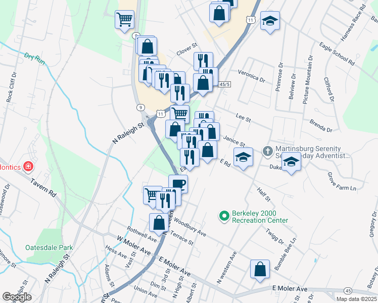 map of restaurants, bars, coffee shops, grocery stores, and more near 121 Eagle School Road in Martinsburg