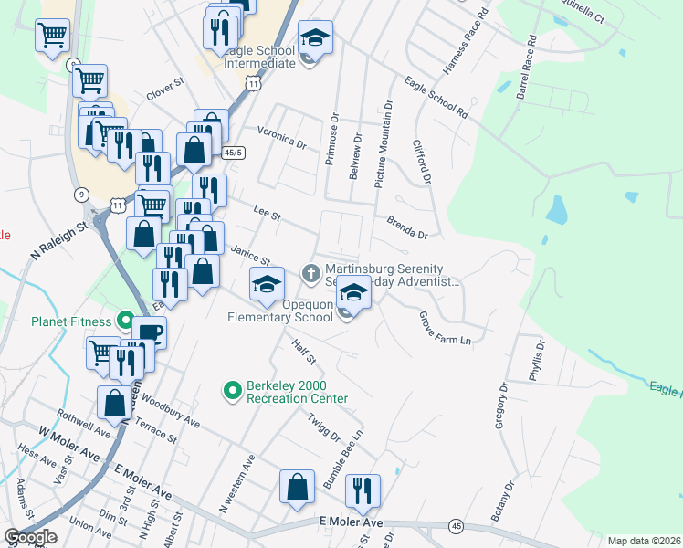 map of restaurants, bars, coffee shops, grocery stores, and more near 1100 Myna Court in Martinsburg