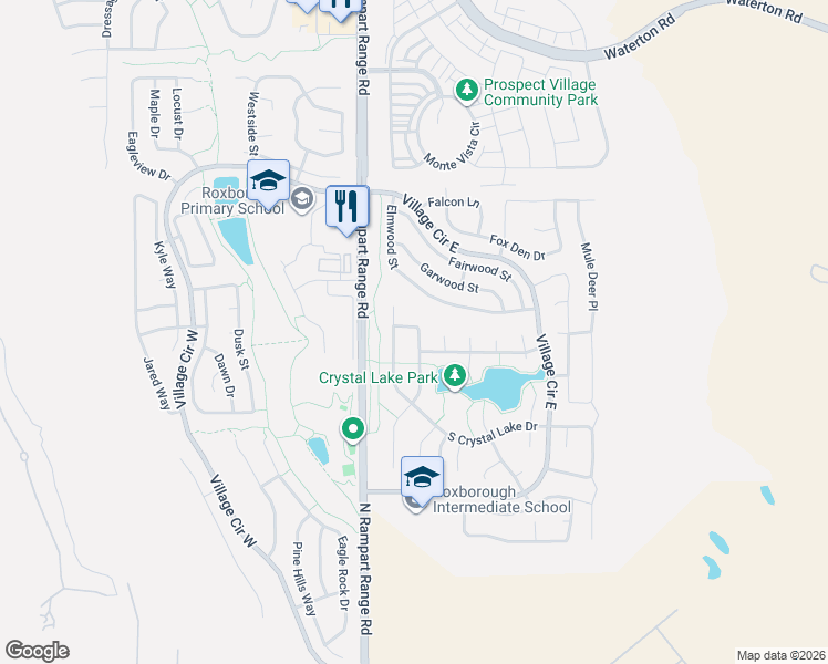 map of restaurants, bars, coffee shops, grocery stores, and more near 7664 Bison Court in Littleton
