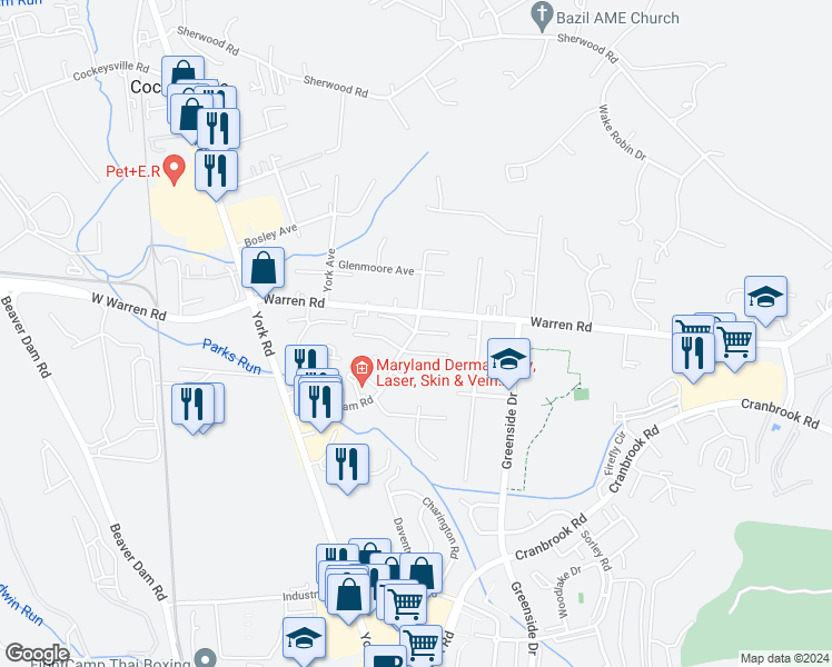 map of restaurants, bars, coffee shops, grocery stores, and more near 1 Boulder Court in Cockeysville