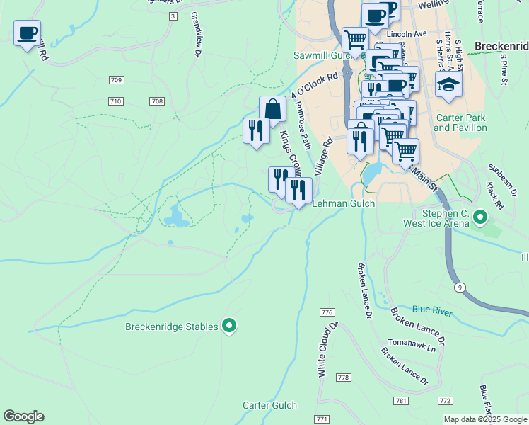 map of restaurants, bars, coffee shops, grocery stores, and more near 620 Village Road in Breckenridge