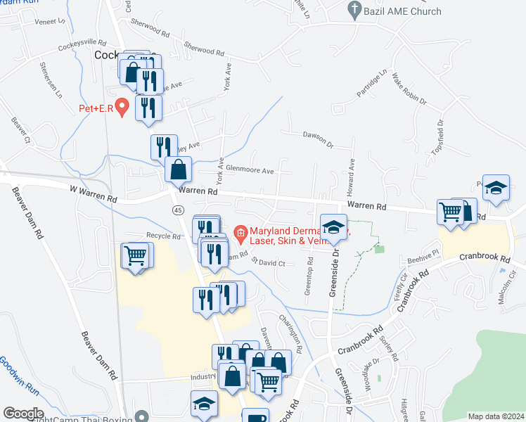 map of restaurants, bars, coffee shops, grocery stores, and more near 7 Longmont Court in Cockeysville