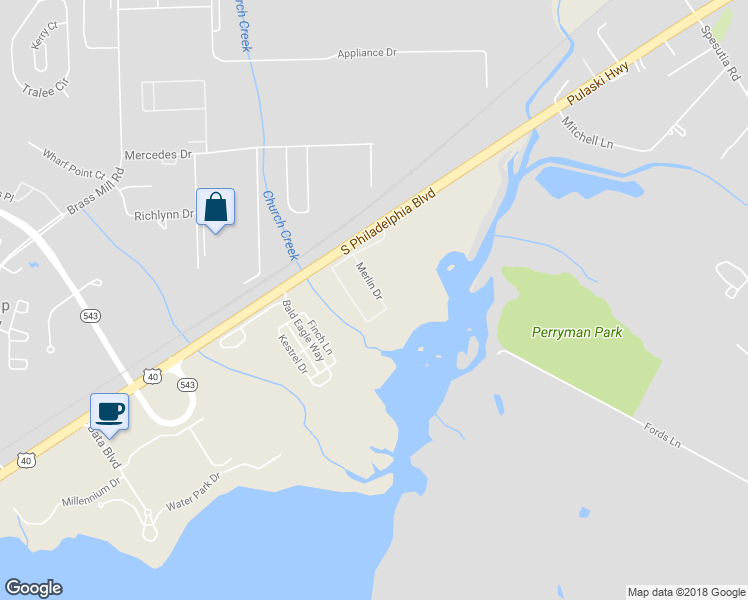 map of restaurants, bars, coffee shops, grocery stores, and more near 210 Merlin Drive in Belcamp