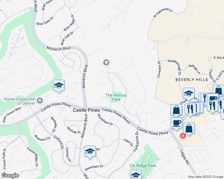 map of restaurants, bars, coffee shops, grocery stores, and more near 7671 Berkshire Lane in Castle Rock