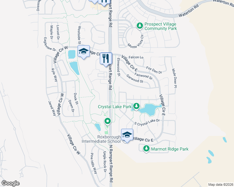map of restaurants, bars, coffee shops, grocery stores, and more near 7694 Crystal Lake Court in Littleton