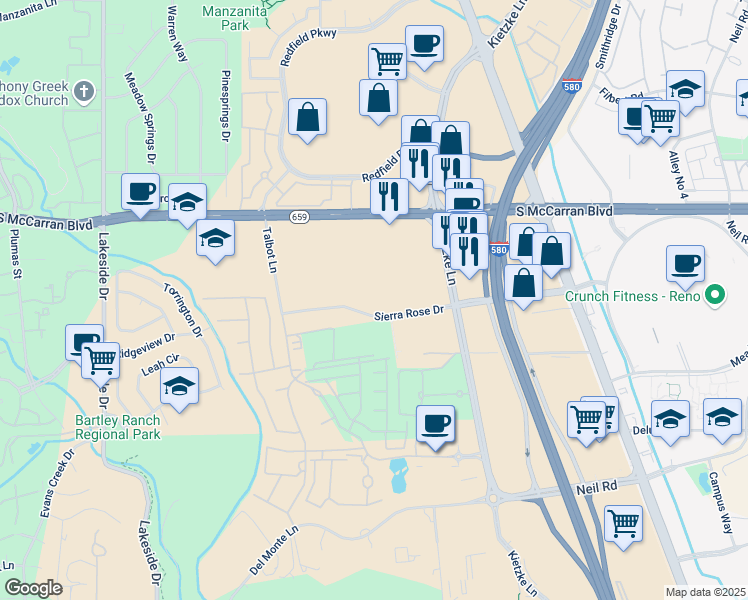 map of restaurants, bars, coffee shops, grocery stores, and more near 601 Sierra Rose Drive in Reno