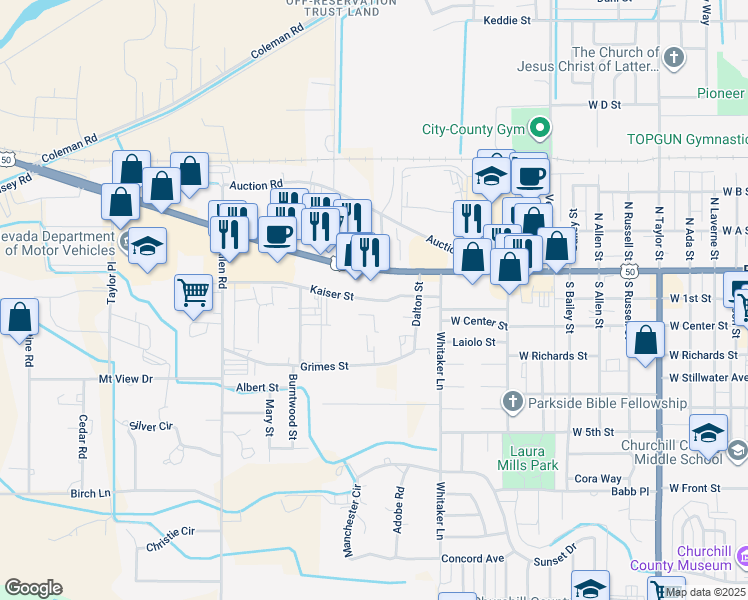 map of restaurants, bars, coffee shops, grocery stores, and more near 1467 Kaiser Street in Fallon