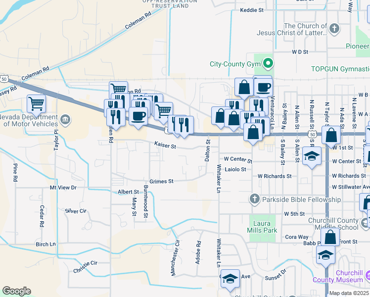 map of restaurants, bars, coffee shops, grocery stores, and more near 1467 Kaiser Street in Fallon