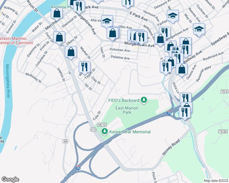 map of restaurants, bars, coffee shops, grocery stores, and more near 910 Market Street in Fairmont