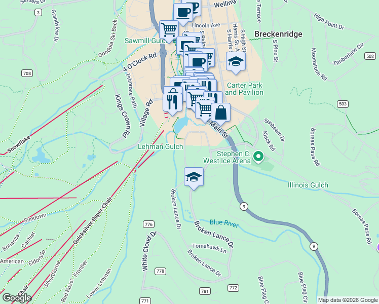 map of restaurants, bars, coffee shops, grocery stores, and more near 800 Snowberry Lane in Breckenridge