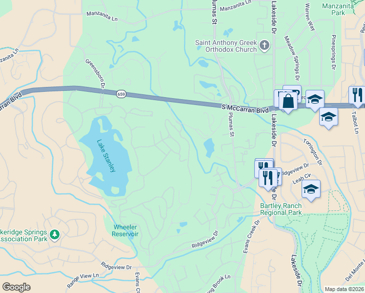 map of restaurants, bars, coffee shops, grocery stores, and more near 2642 Edgerock Road in Reno