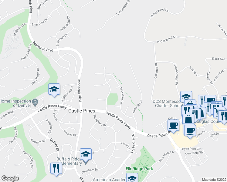 map of restaurants, bars, coffee shops, grocery stores, and more near 7671 Berkshire Lane in Castle Pines
