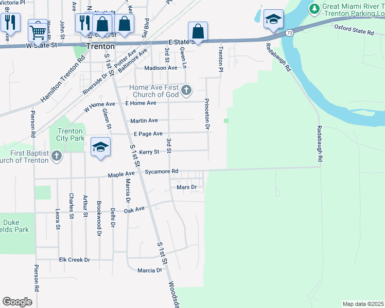 map of restaurants, bars, coffee shops, grocery stores, and more near 413 Kerry Street in Trenton