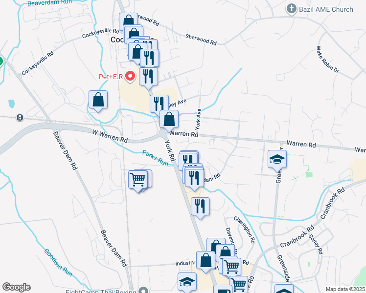map of restaurants, bars, coffee shops, grocery stores, and more near 8 Warren Lodge Court in Cockeysville