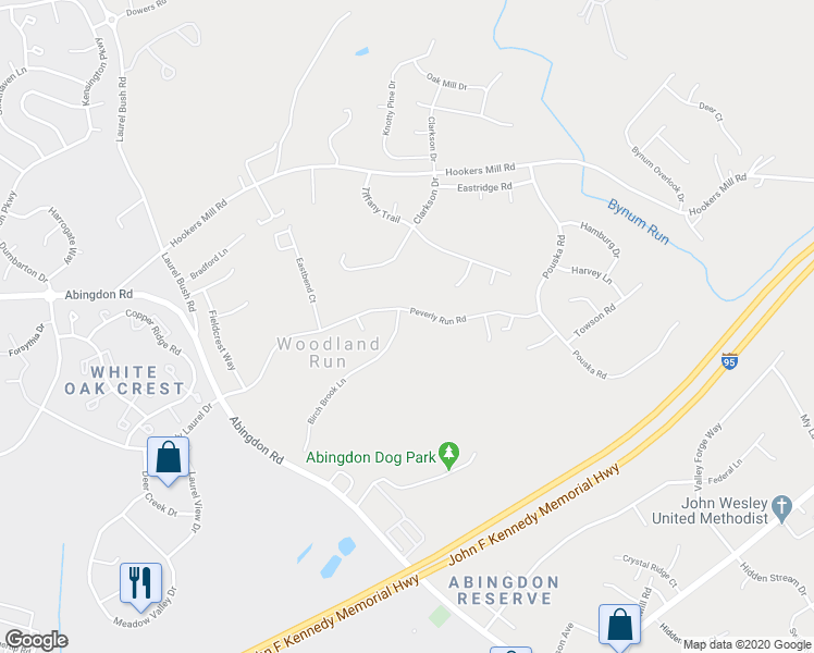 map of restaurants, bars, coffee shops, grocery stores, and more near 3103 Birch Brook Lane in Abingdon