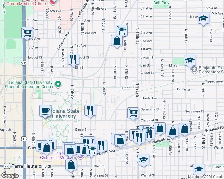 map of restaurants, bars, coffee shops, grocery stores, and more near 1095 Spruce Street in Terre Haute