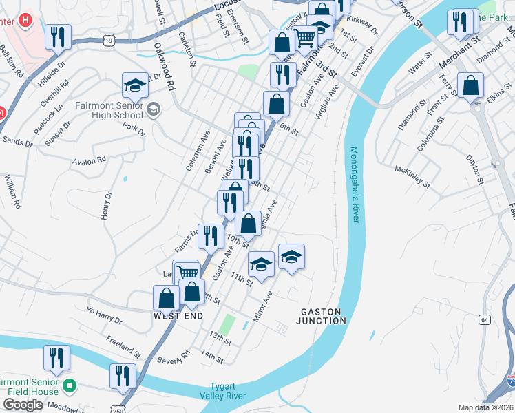 map of restaurants, bars, coffee shops, grocery stores, and more near 619 Husky Highway in Fairmont
