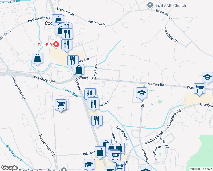 map of restaurants, bars, coffee shops, grocery stores, and more near 30 Spring Glen Court in Cockeysville
