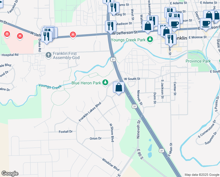 map of restaurants, bars, coffee shops, grocery stores, and more near 731 Franklin Lakes Boulevard in Franklin